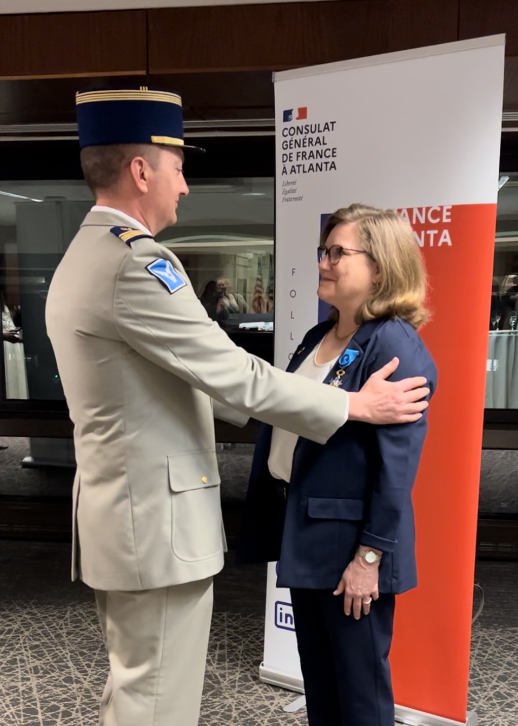 Professor Vicki Birchfield was pinned with the medal of Officer of the National Order of Merit by Pierre Keichinger, French Army Liaison Officer.